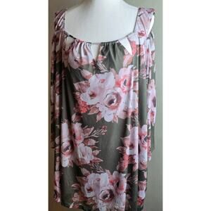 Catherines Top Womens Plus 3X 26/28W Green Floral Print Cold Shoulder Blouse EUC